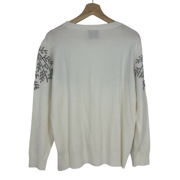 LIV White Leaf Silver Snowflake Rhinestone Motif Sweater - Picture 2 of 7